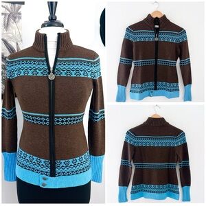 Anthropologie Neve Full Zip Up Cardigan Ski Sweater Merino Wool Cabincore Cozy